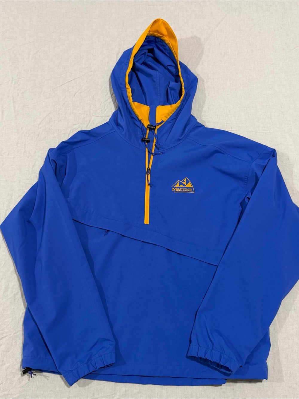 Marmot Blue Jacket with Yellow Trim Hooded Anorak